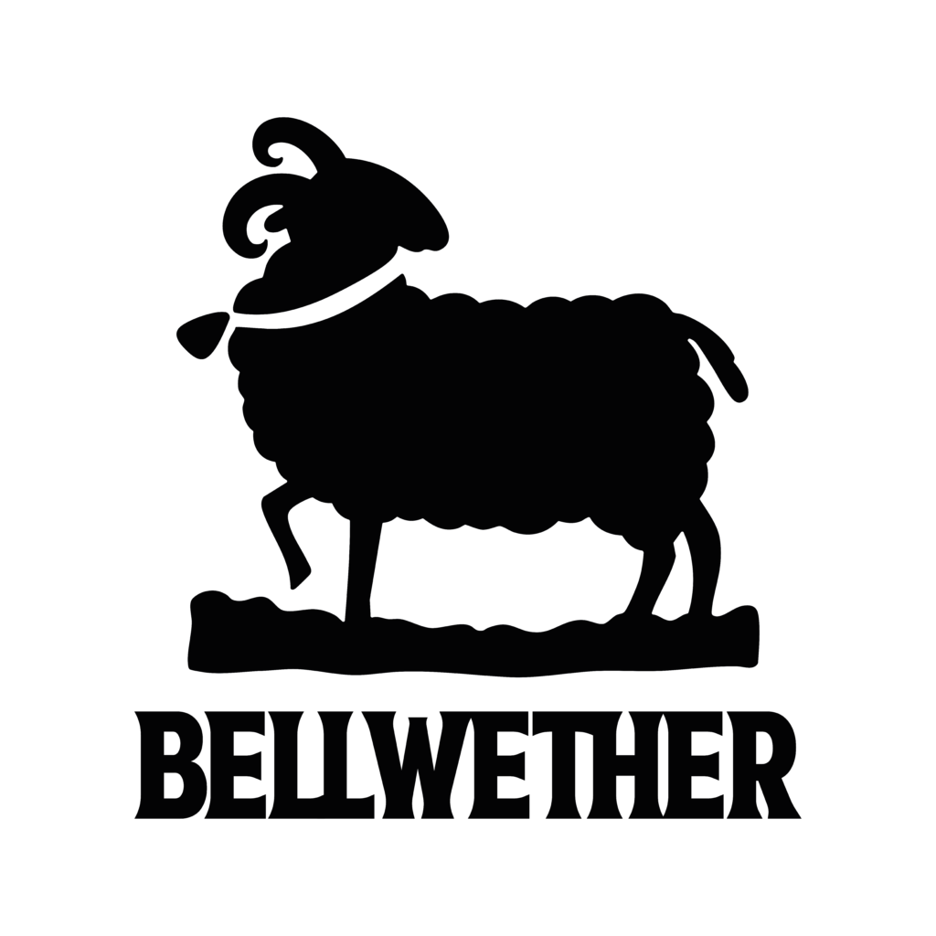 A 2D illustrated sheep, with a bell around its neck. It has one hoof raised slightly and its head turned in the opposite direction, looking defiant and strong.