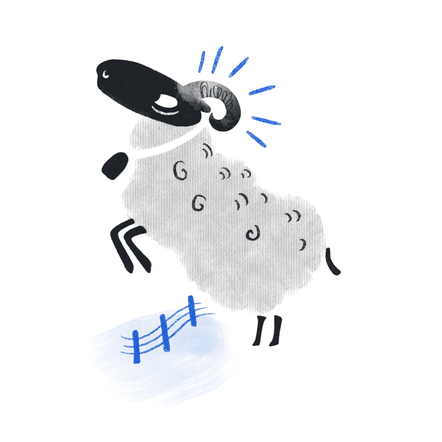 2D illustration of a ram, wearing a bell around its neck. It's raising it's front legs up, as if about to jump, and looks bright and excited.