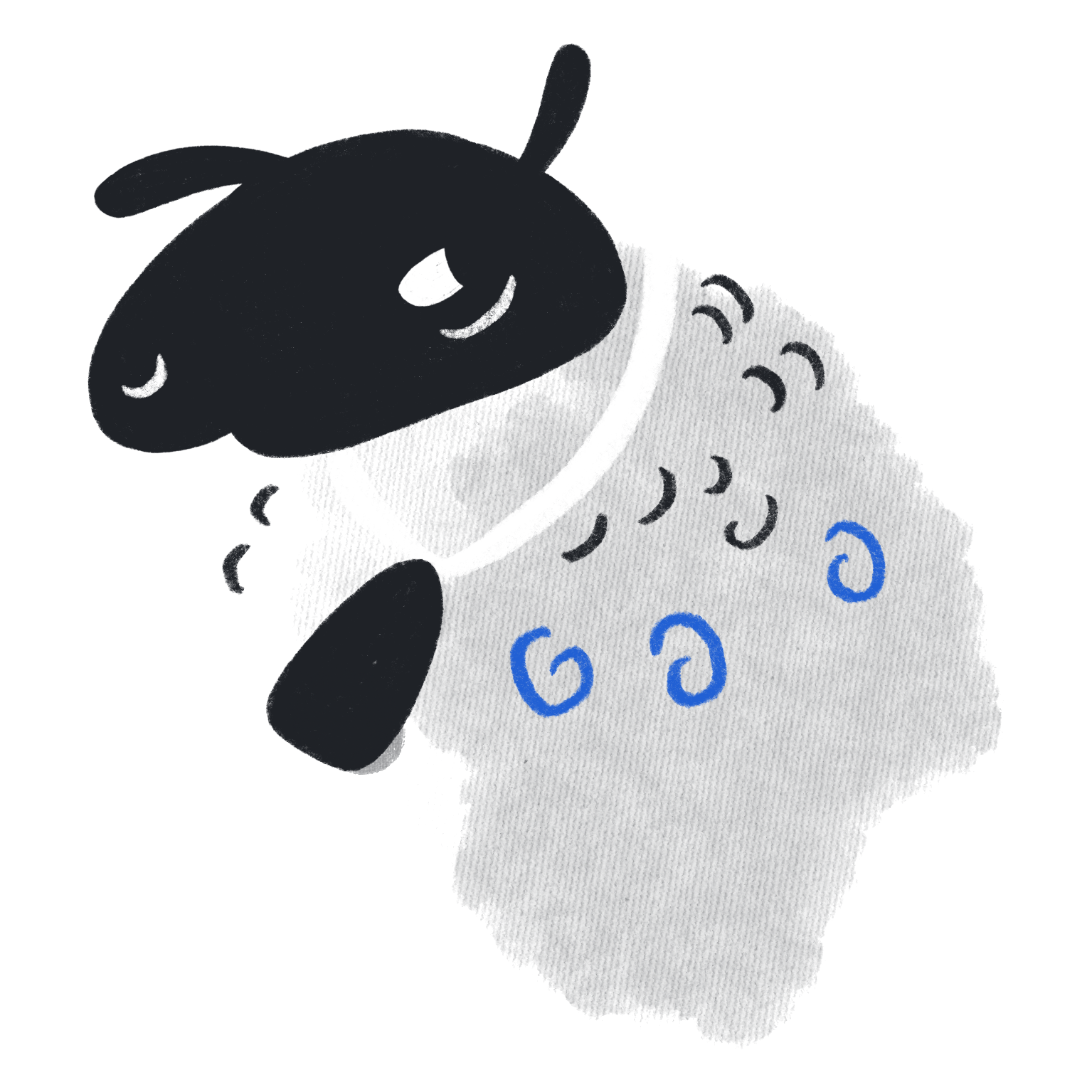 2D illustration of a sheep, wearing a bell around its neck, looking curious and perceptive, as if assessing an opportunity.