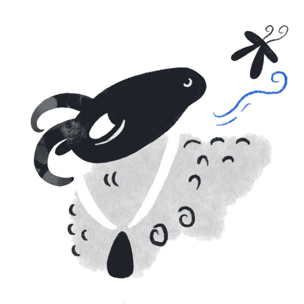 2D illustration of a ram, wearing a bell around its neck, watching a passing butterfly with a perceptive curiosity.