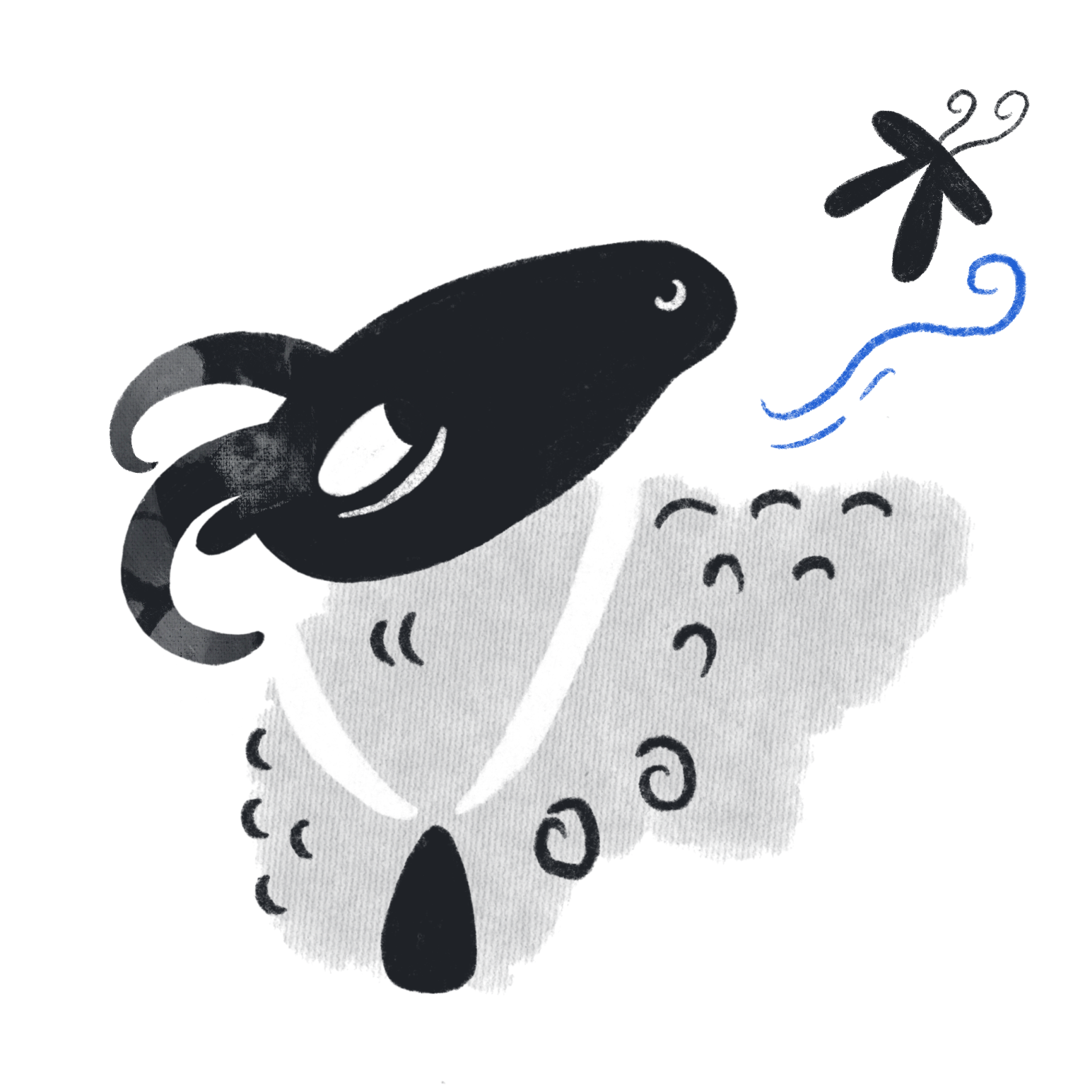 2D illustration of a ram, wearing a bell around its neck, watching a passing butterfly with a perceptive curiosity.