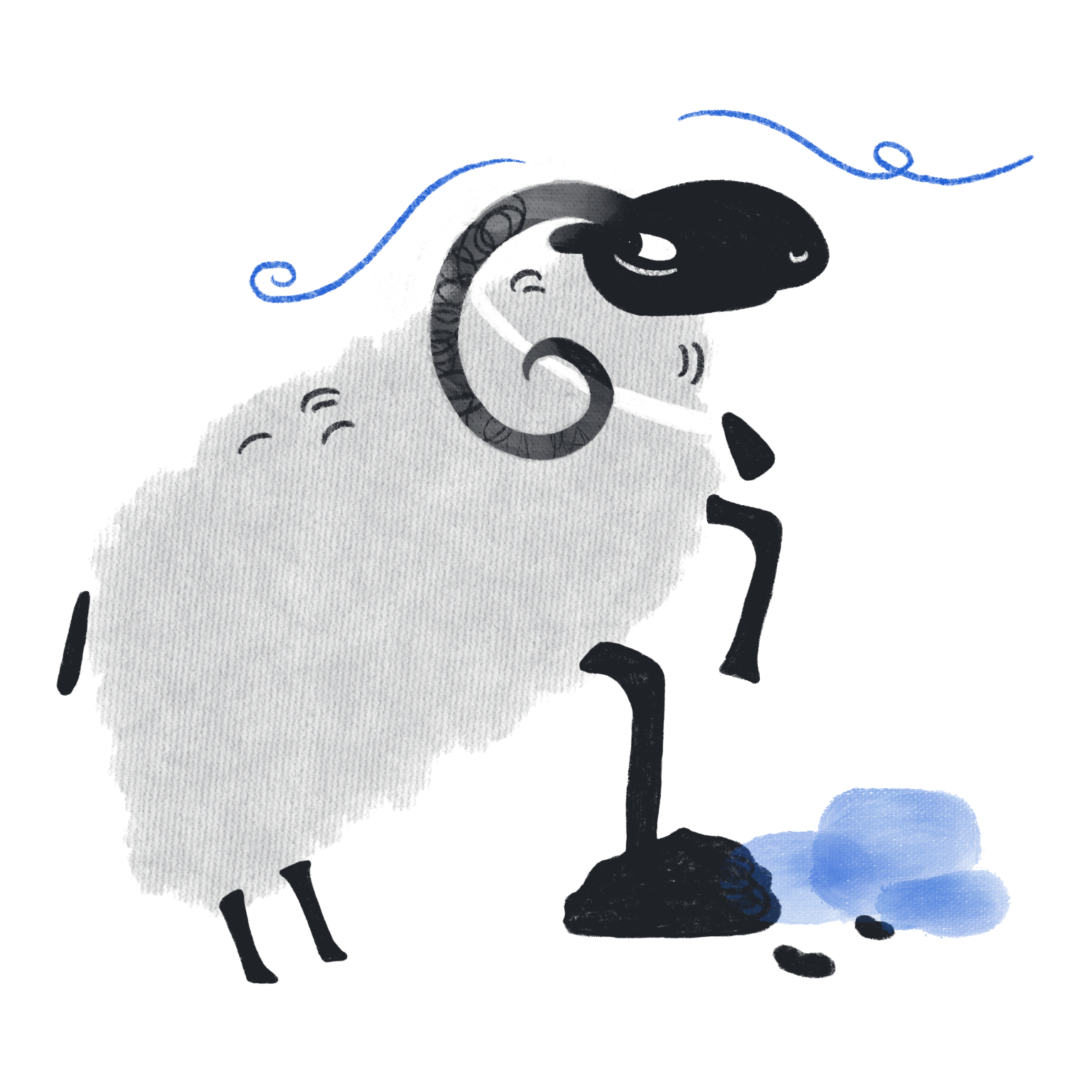 2D illustration of a ram, wearing a bell around its neck, standing bravely with its front hooves on a rock in stormy conditions.
