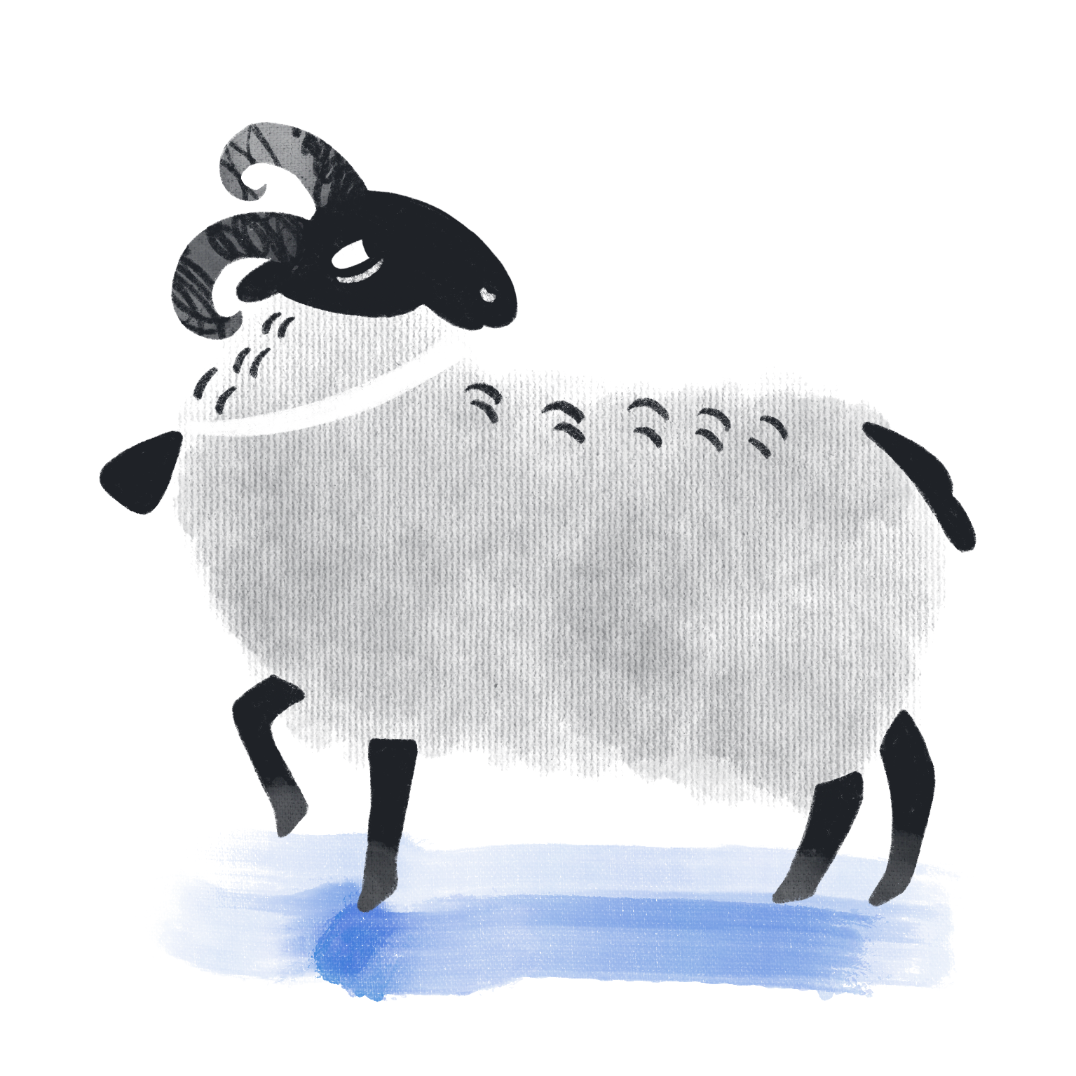 A 2D illustrated sheep in brushstroke style. It wears a bell around its neck and has a defiant hoof raised, with its head looking backwards - capturing a sense of stoic wisdom.